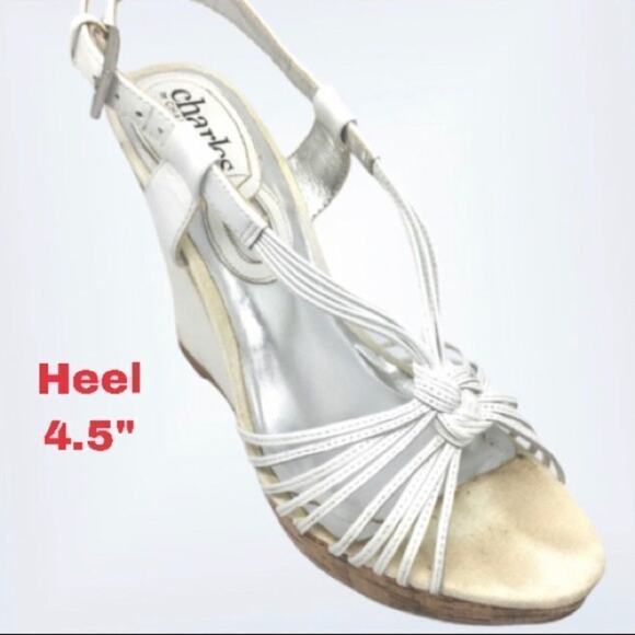 Charles white leather heels , wedge heel white strappy style straps silver clasp - Picture 1 of 6